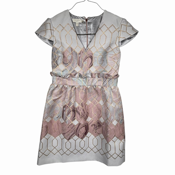 Ted Baker Dresses & Skirts - Ted Baker London Ingrida Jacquard Dress Mid Pink Gold Grey V-Neck Size 3